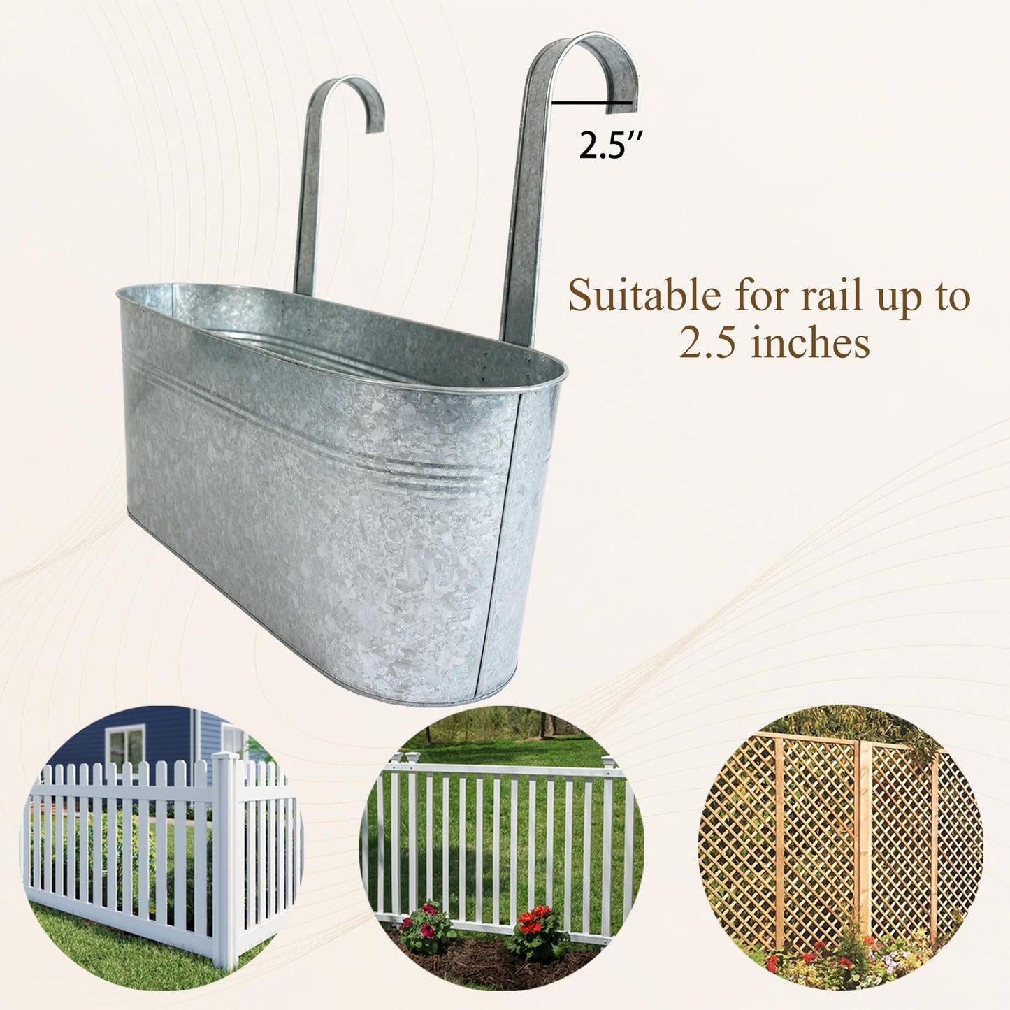 Joyfernal Balcony Galvanized Hanging Planters Railing Flower Pots, Outdoor Metal Fence Planter Pot with Detachable Hooks Drain Hole for Garden Patio Yard Decor (17 Inch, 2Pcs)