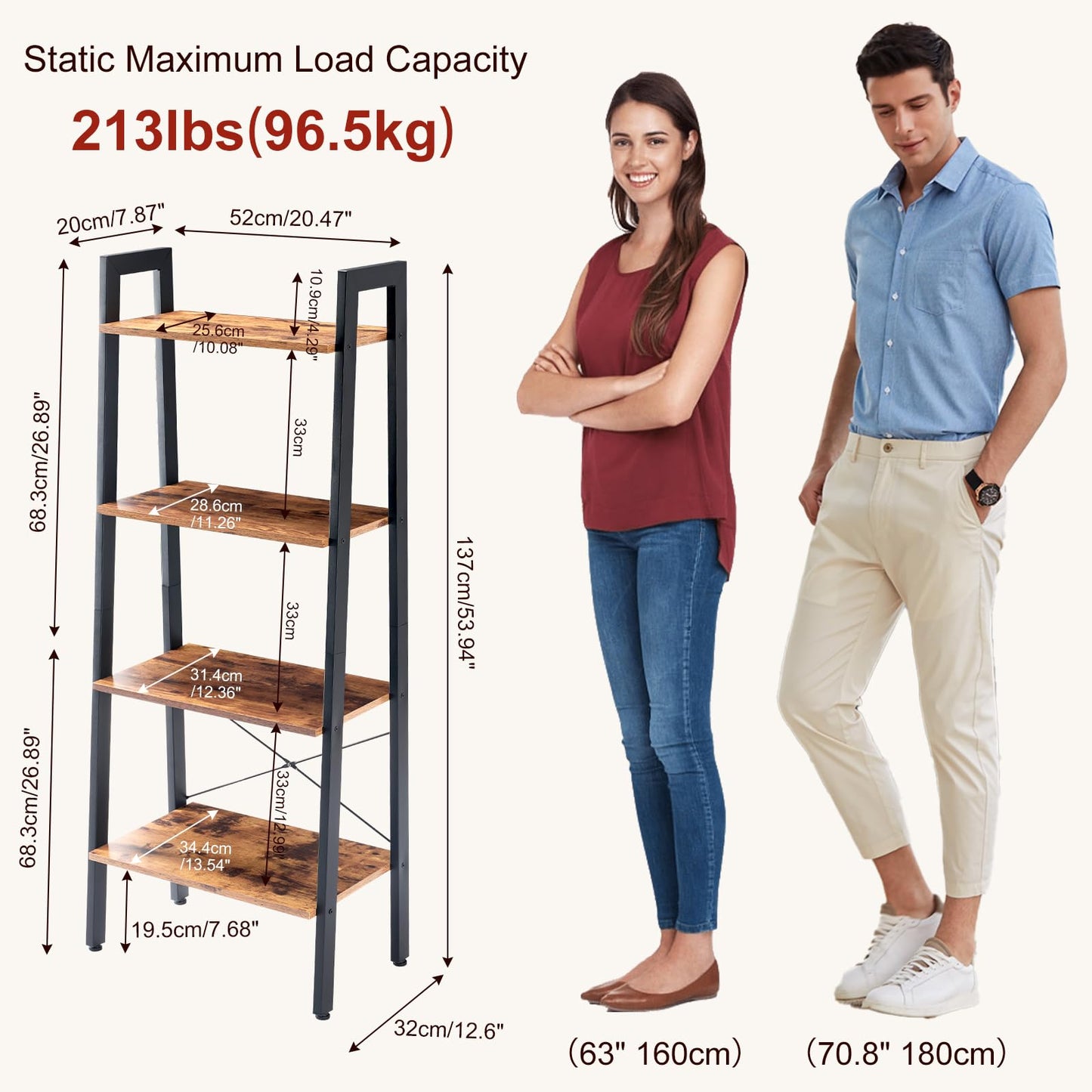 DUMOS Ladder Shelf, 4-Tier Display Bookshelf, Industrial Style Storage Standing Shelf, Decorative Shelves with Stable Frame for Living Room, Bedroom, Office, Kitchen, Bathroom, Brown