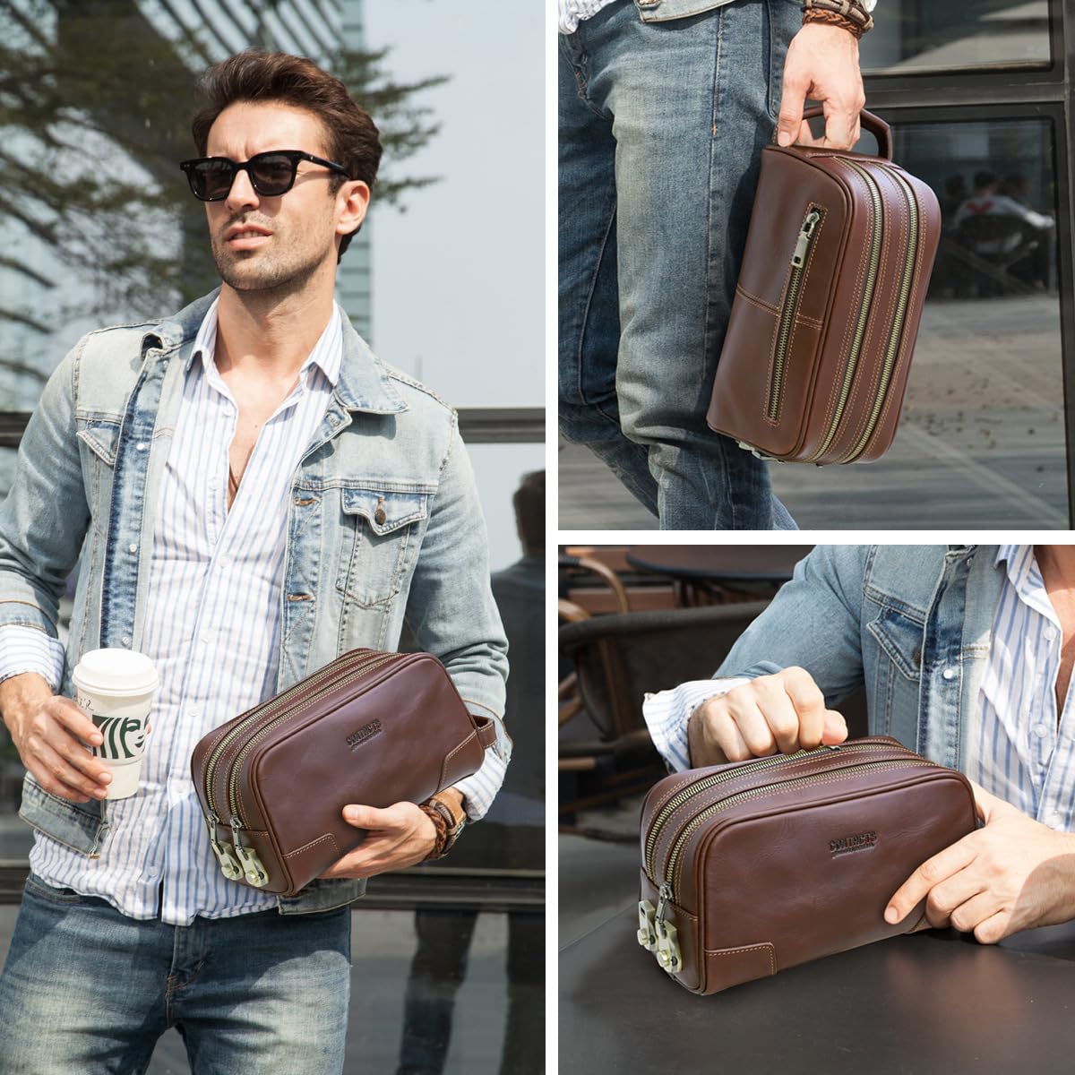 RC ROCKCOW Coded Lock Toiletry Bag, Mens Genuine Leather Travel Shaving Dopp Kit Anti Theft Business Wallet Clutch Purse Bag Organizer