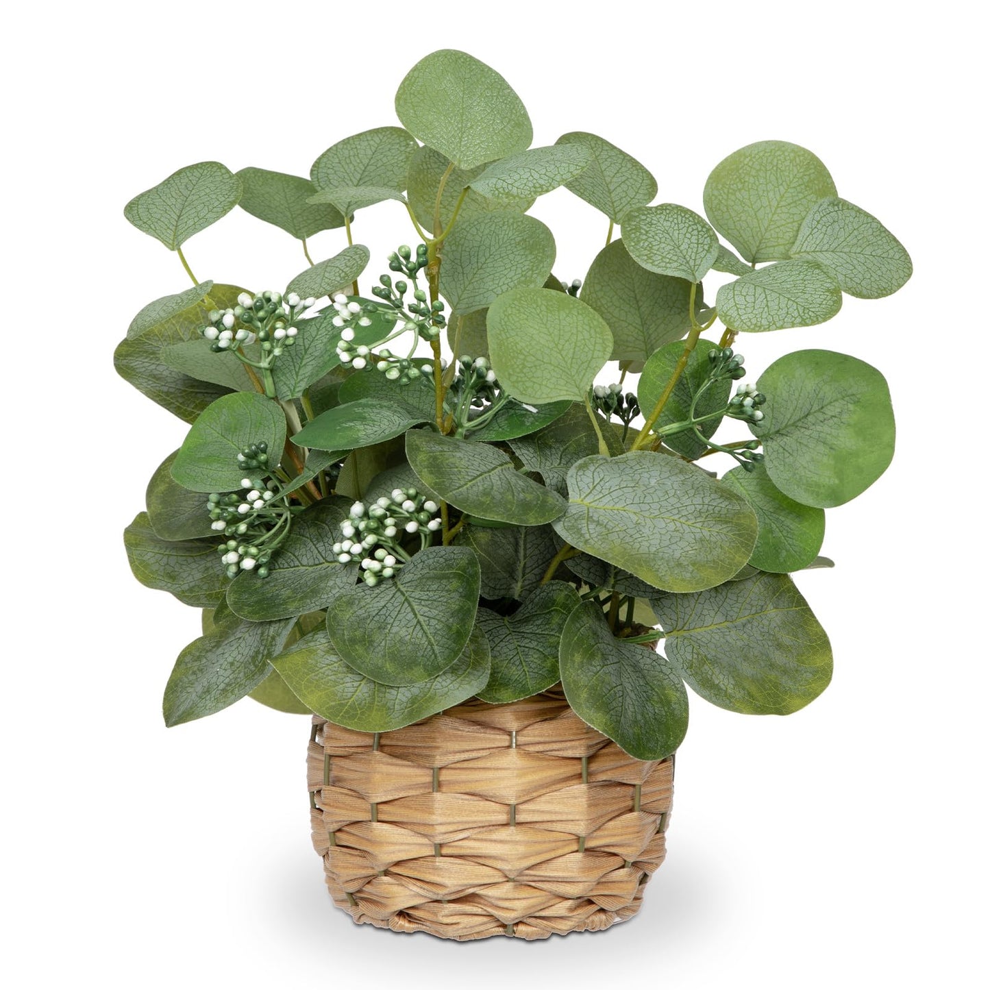 DILATATA Artificial Eucalyptus Stems in Woven Basket Planter, 12" Fake Plant Eucalyptus Leaves with Green Seeds Faux Potted Plant Greenery for Table Centerpiece Office Indoor Home Decor