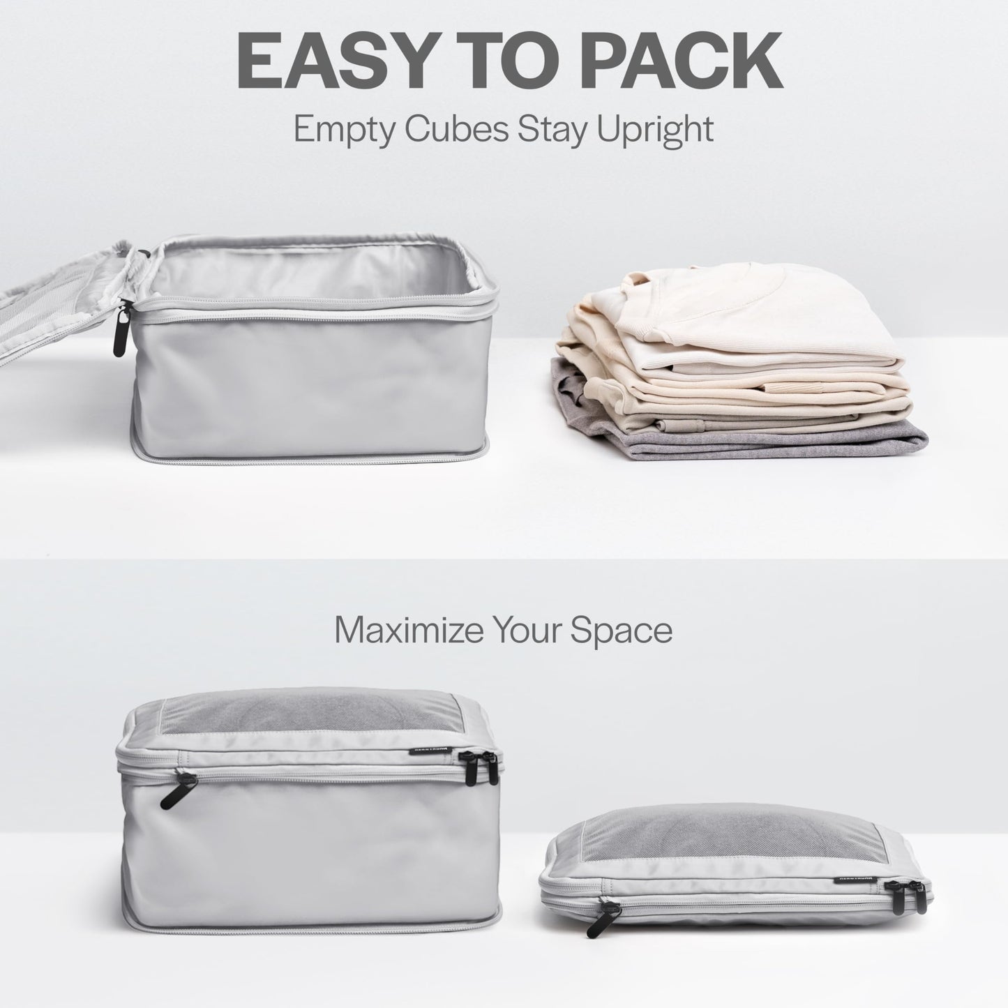 Aerotrunk Compression Packing Cubes for Travel - Luggage Organizer Bags - Double Zipper Packing Cubes for Suitcases (4-Pack, Light Grey)