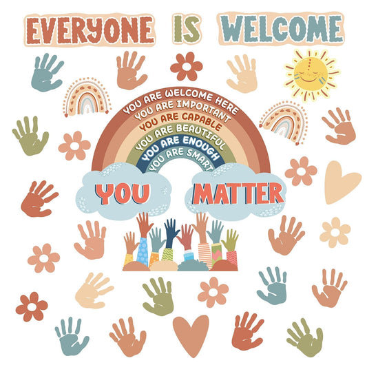 VABAMNA Boho Bulletin Board Decorations for Classroom, 35Pcs Everyone is Welcome Classroom Positive Motivational Inspirational Affirmation Wall Decor Boho Rainbow Cutouts for Teacher School Supplies