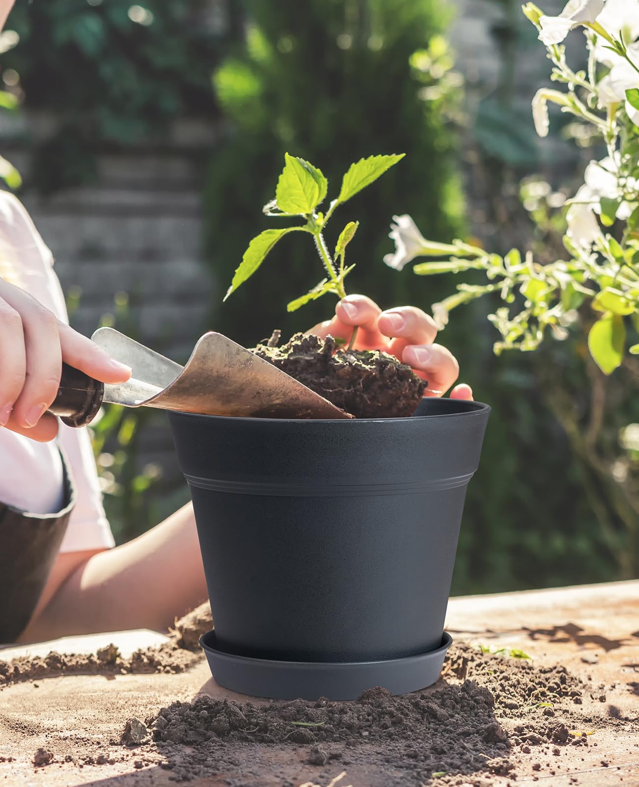 homenote Pots for Plants, 8 Pcs 7.5 Inch Plastic Planters with Multiple Drainage Holes and Tray - Plant Pots for All Home Garden Flowers Succulents, Matte Black