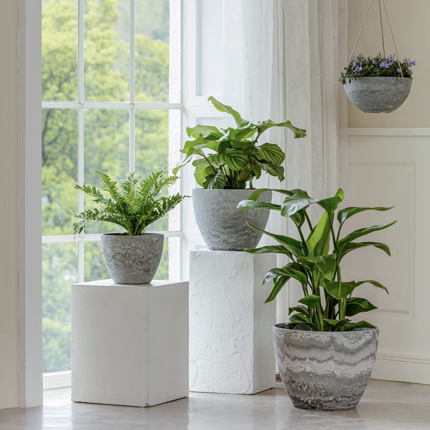 LA JOLIE MUSE 14.2/11.3/8.6 Inch Round Planter,Indoor/Outdoor Large Planters Set of 3,Grey Plant Container with Drain Holes,Tree Flower Plant Pots for Patio and Deck