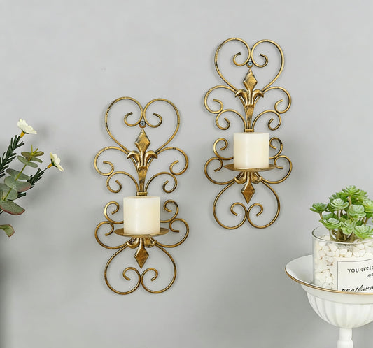 Vintage Gold Wall Candle Sconces Set of 2 - Rustic Iron Wall Mounted Candle Holders for Pillar Candles, Decorative Wall Sconce for Bathroom, Living Room, Bedroom, Fireplace Mantel, Farmhouse