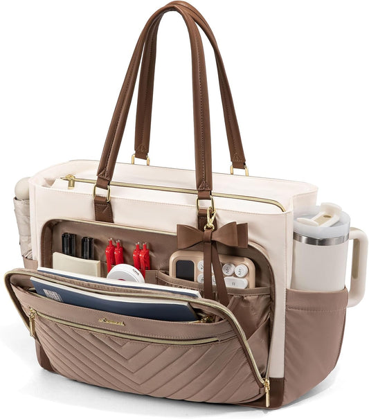 LOVEVOOK 15.6 Inch Laptop Tote Bag for Women, Work Bag Teacher Tote with Large Cup Holder, Quilted Nurse Diaper Bag