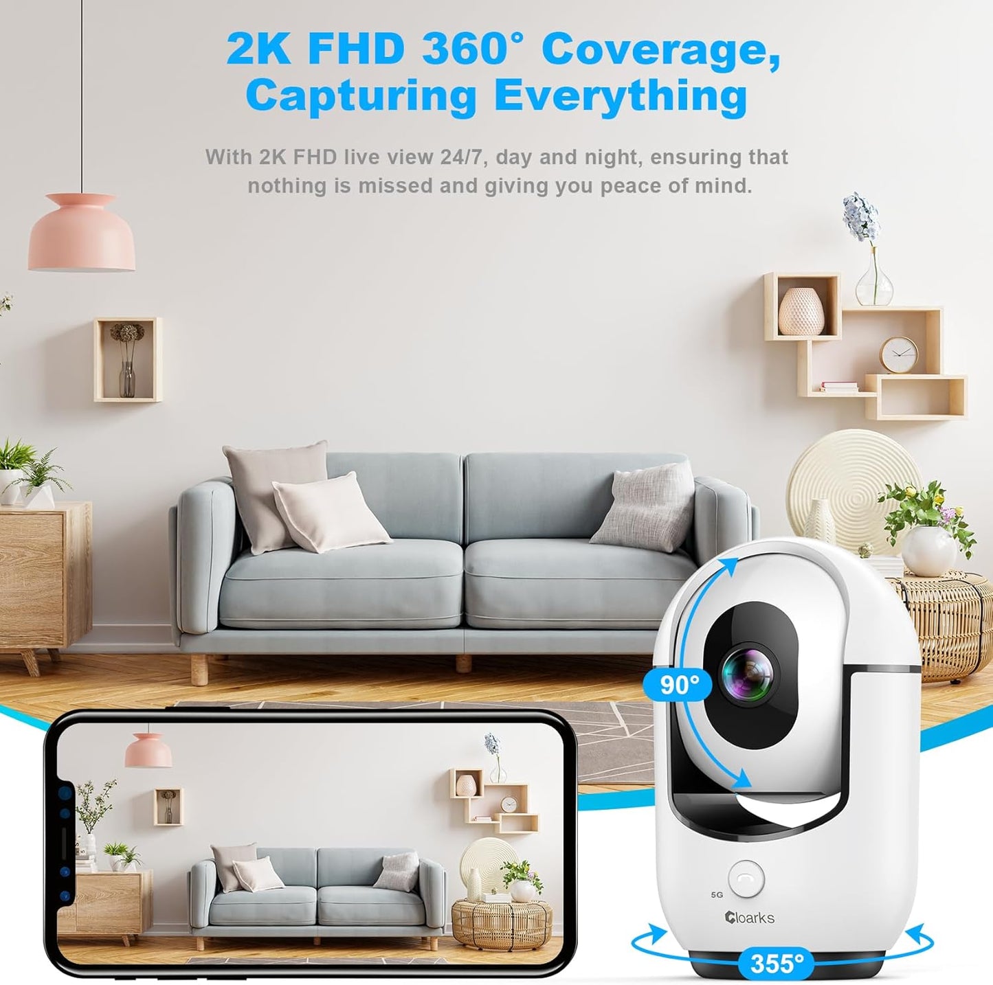 Cloarks 2K 5/2.4 2-Way 24/7, Indoor Camera, GHz WiFi Pan/Tilt Security Camera with AI Motion Detection, One-Click Call