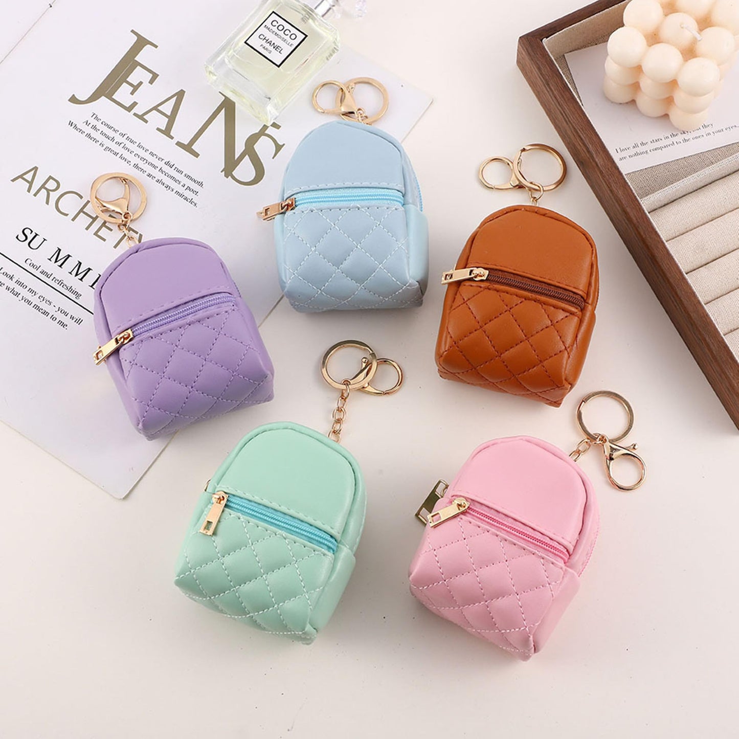 Grurun Mini Backpack Cute Cosmetic Bag for Women, Creative Cute Pendant Keychain Key-chains Keyrings PU Leather Makeup Bag Key Lipstick Card Holder Data Cable Organizer Zipper Pouch
