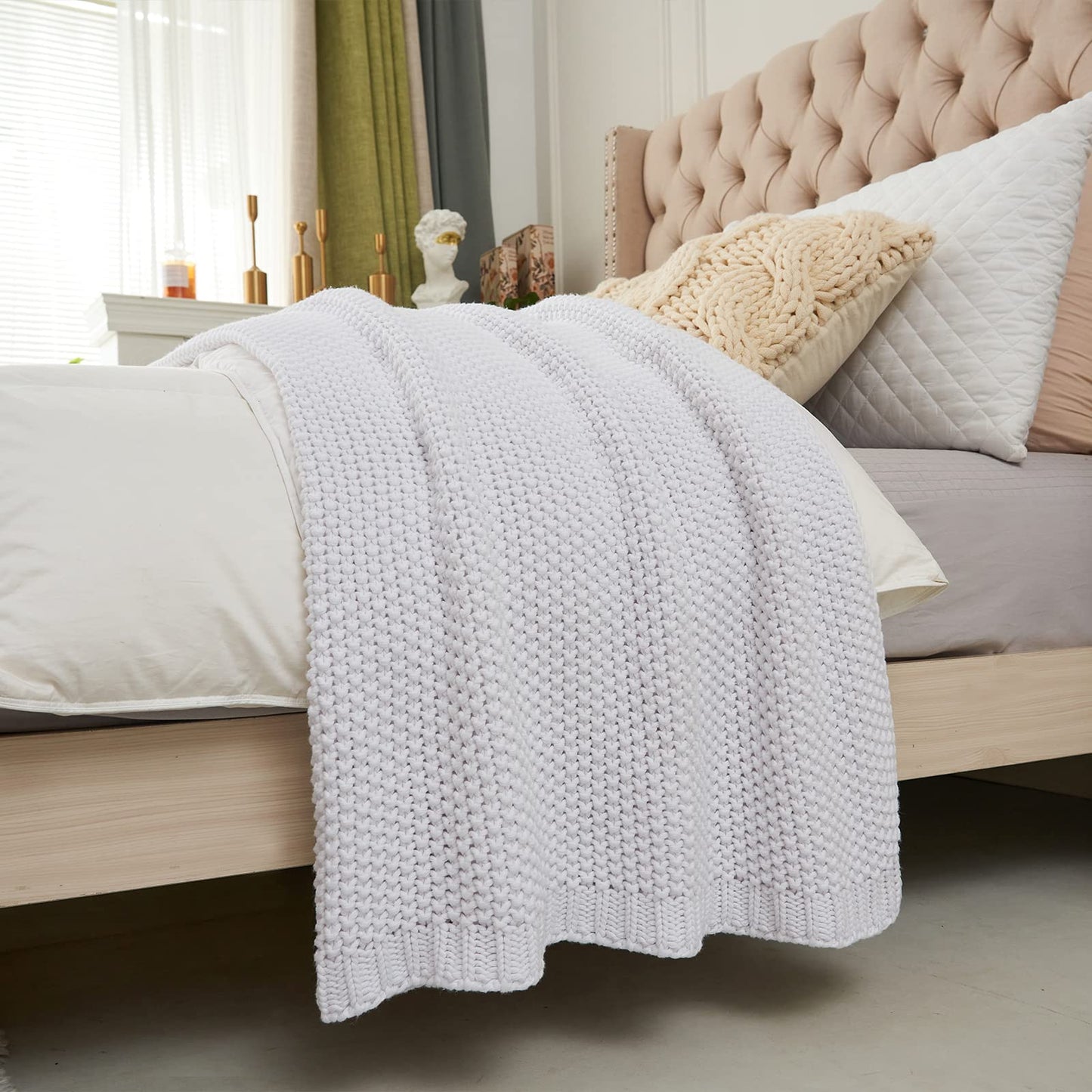 Chunky Cable Knit Throw Blanket Lightweight White 100% Organic Cotton Blanket for Sofa Couch Bed Baby Nursery, Rustic Shabby Chic Modern Farmhouse, Pure White 51” x 63” Give Laundering Bag