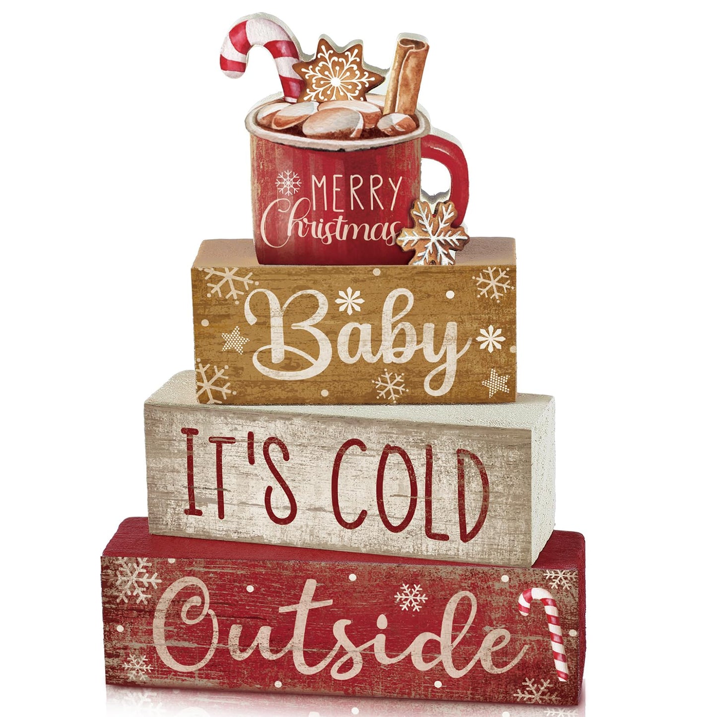 Moucuny 4 Pcs Christmas Table Decor Wooden Hot Cocoa Decoration Christmas Centerpiece Winter Tiered Tray Decor Decorative Red Hot Cocoa Block Signs Gift Farmhouse Xmas Decoration for Home Kitchen