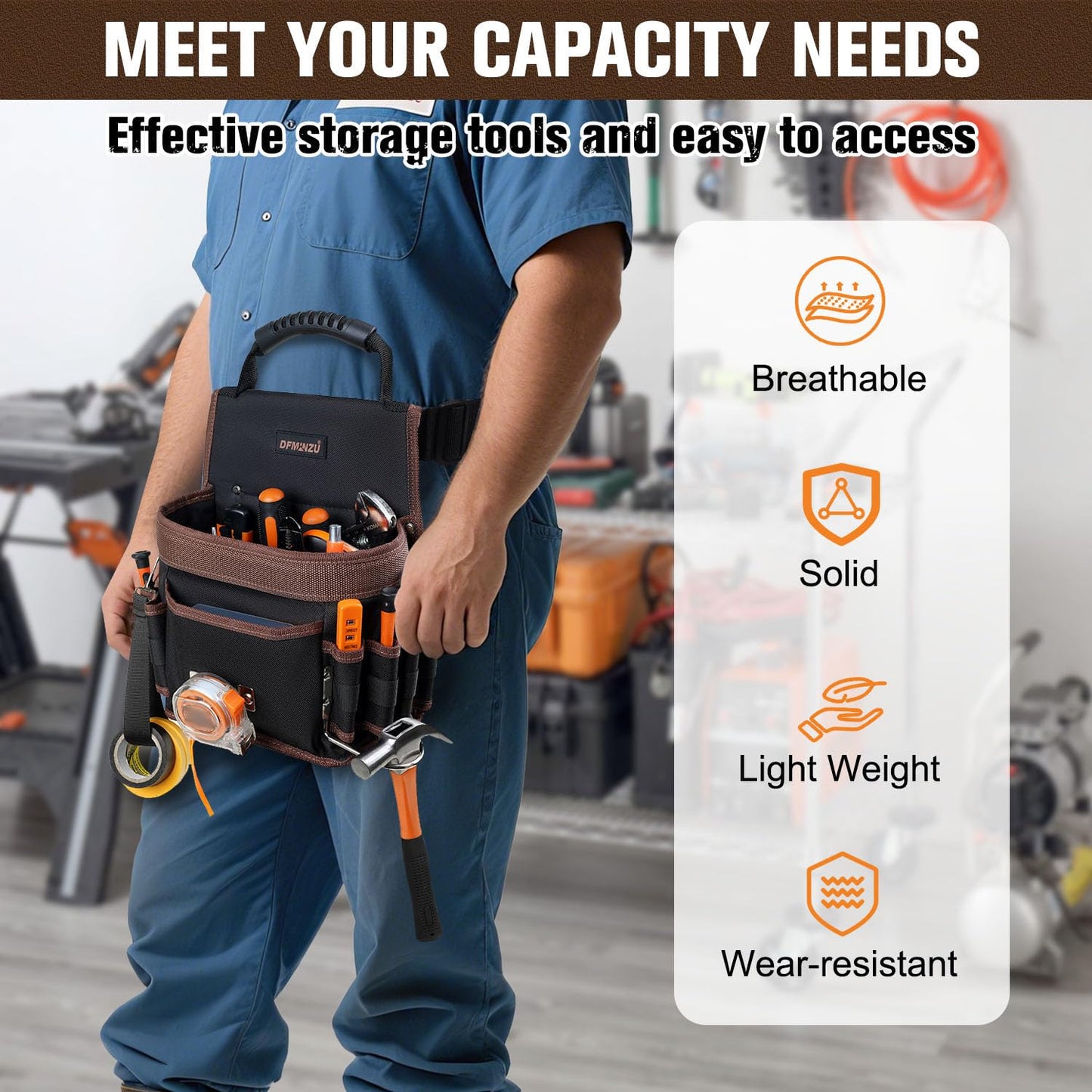 Electrician Tool Pouch, 10 Pockets Tool Belt Pouches with Hammer Holder, Adjustable Small Tool Pouch with Belt for Carpenter Construction Technician Plumber HVAC