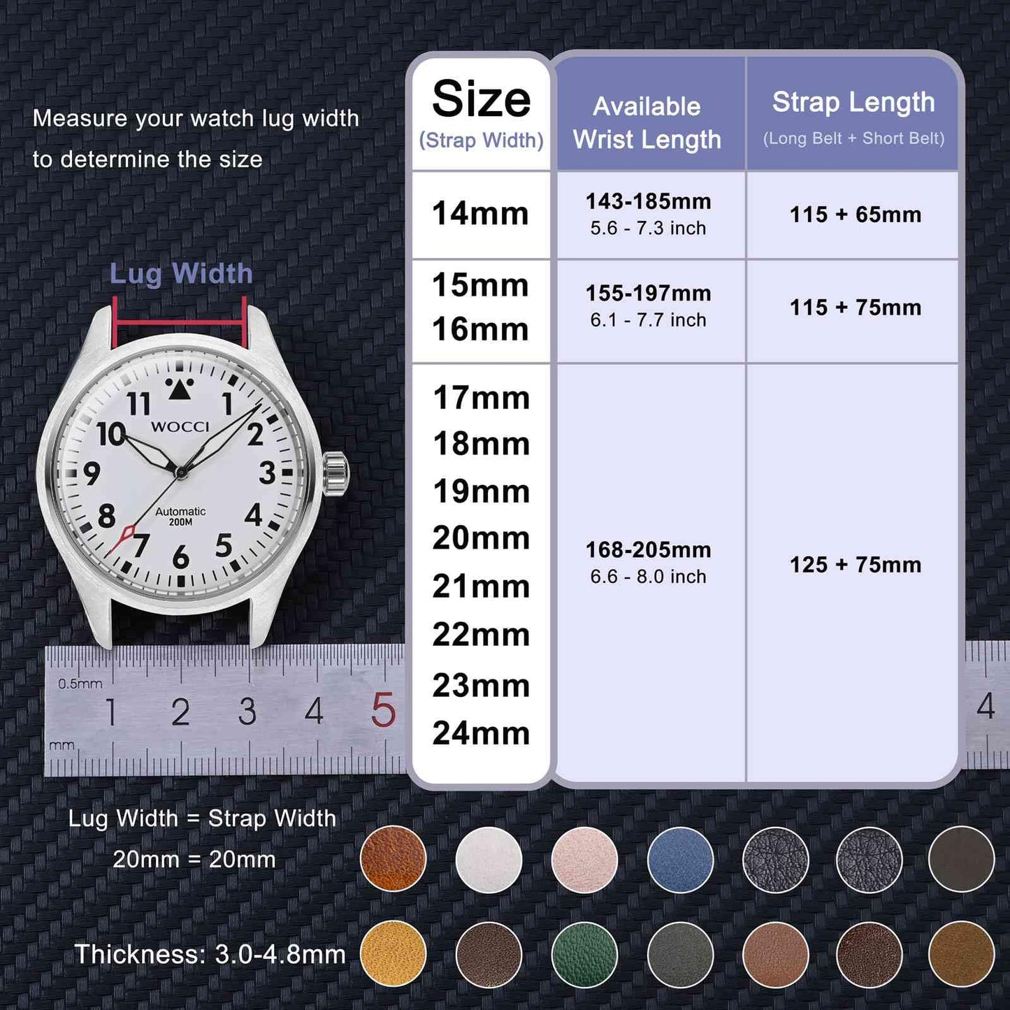 WOCCI 24mm Vintage Leather Watch Band for Men and Women, Silver Buckle (Dark Brown/Contrasting Stitch)
