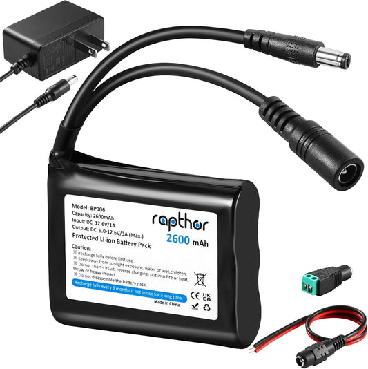 rapthor 12V 2600mAh Pack 12.6V 3A Rechargeable Li-ion Battery with Charger, Max DC Output Portable Battery for LED