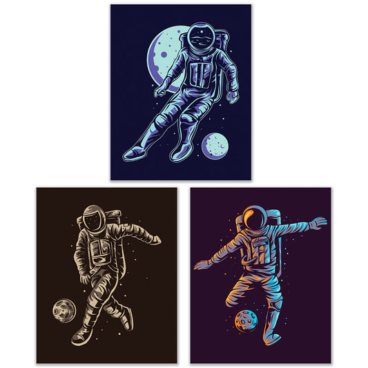 Astronaut Soccer Wall Art Prints - Sports Space - Set of 3 (8x10) Poster Photos - Man Cave- Bedroom Decor