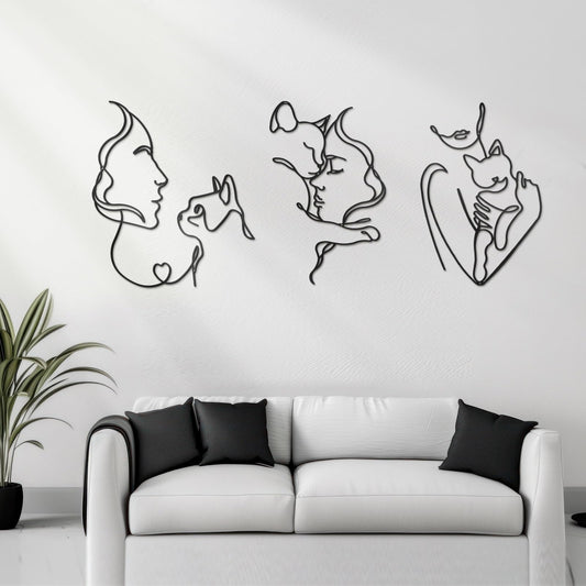 Otoolling 3 Pcs Black Metal Cat Wall Art Decor Women Cats Decor for Cat Lovers Metal Minimalist Girls & Cats Line Drawing Wall Art for Bedroom Living Room Bathroom(Classic)