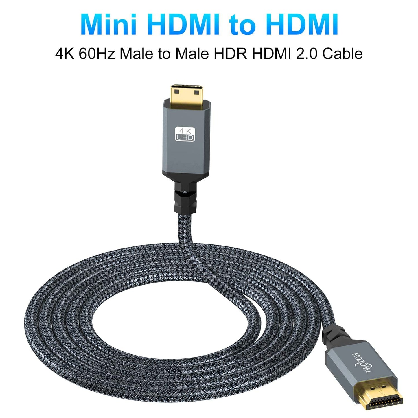 Twozoh 1FT 2 Pack, 3D/4K@60Hz 18Gbps/2160P/1080P Mini HDMI to HDMI Cable Nylon Braided HDMI to Mini HDMI Support