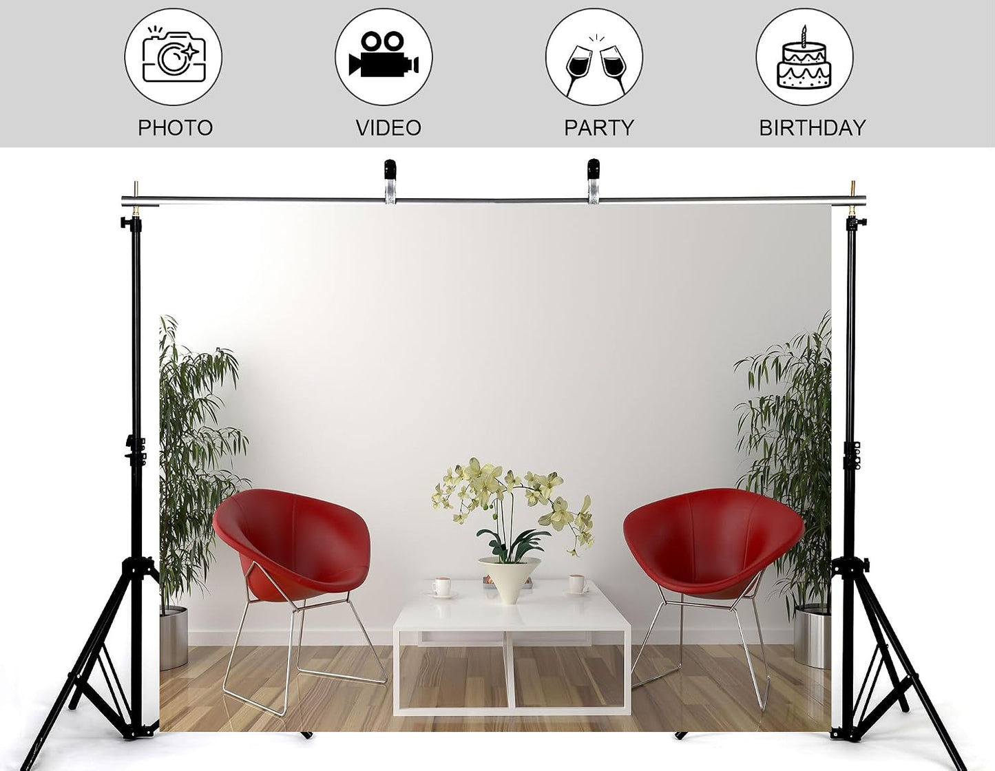 KeyWork 8x5ft Modern Red Accent Chairs Backdrop Contemporary Interior Photography Background for Minimalist Party