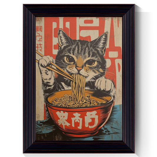 Vintage Japanese Cat Canvas Wall Art, Kawaii Cat Eating Noodles Poster, Cool Funny Animal Food Art Print, Asian Inspired Kitchen Wall Decor, Noodle And Pet Lover Gift 8x10in Framed