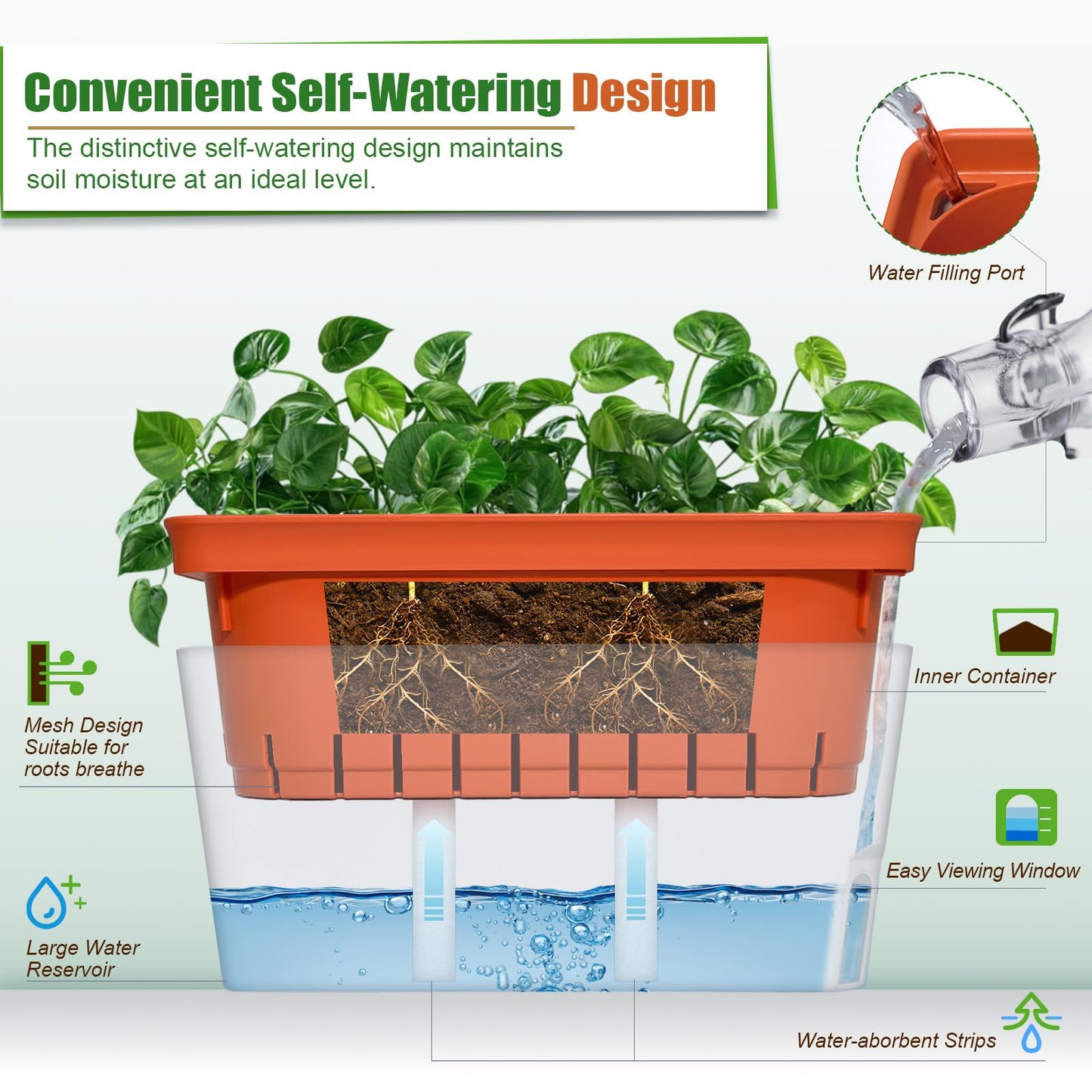 OurWarm Windowsill Herb Planter Box Indoor Set of 3, 10.5 Inch Self Watering Planter Pots with Visual Water Level Window, Modern Plastic Plant Pots for Herbs, Vegetables, Succulents Plants