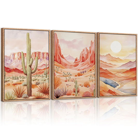 HLNIUC Boho Desert Plant Framed Canvas Wall Art Set,Southwestern Sun Mountain Wall Decor,Cactus Sunset Landscape Wall Painting,Watercolor Abstract Desert Art Prints for Living Room,Bedroom - 16”x24”x3