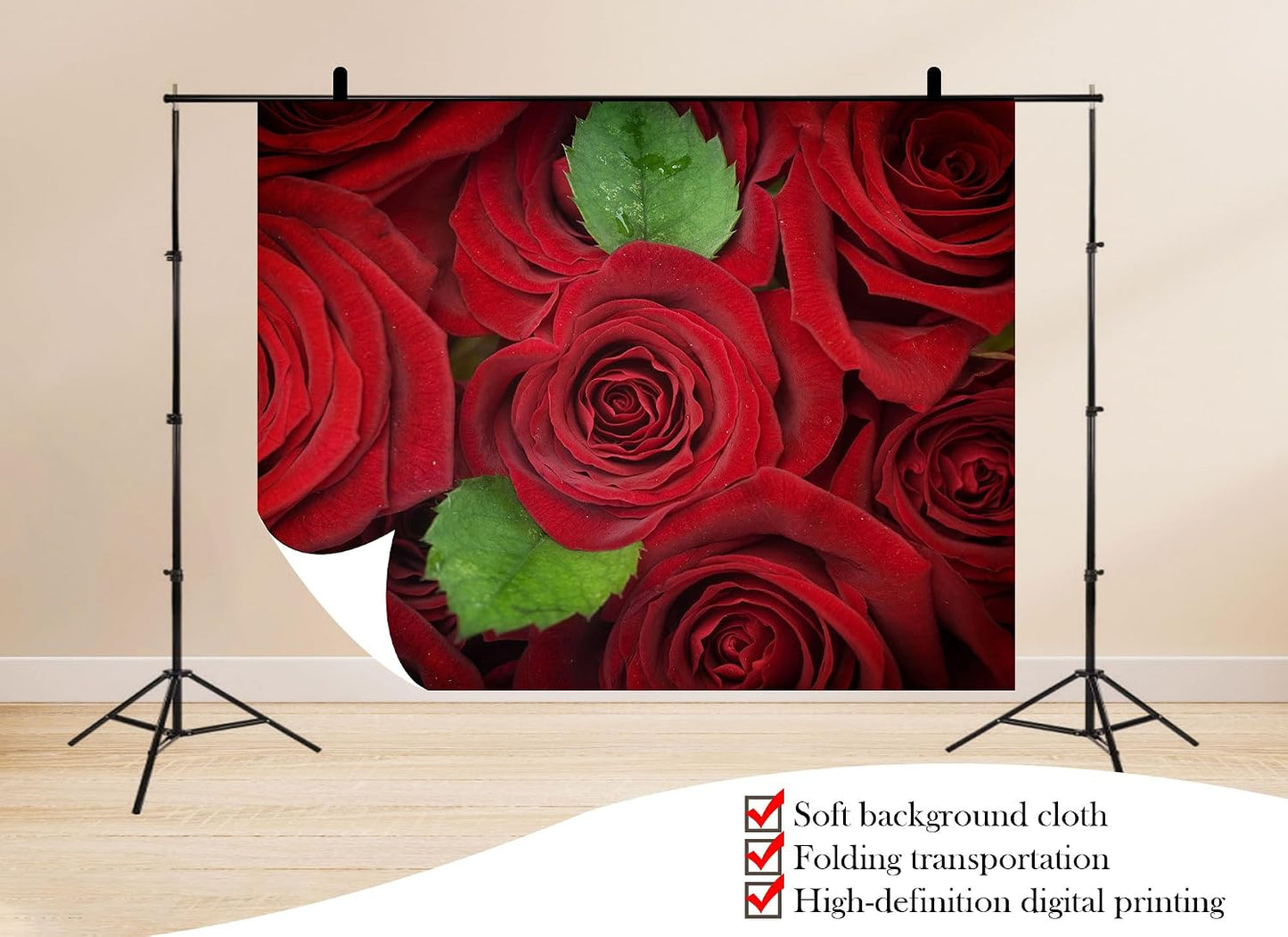 UPXIO 9x6ft Red Roses with Green Leaves Backdrop Romantic Floral Bouquet Photo Background Tapestry for Valentine's Day