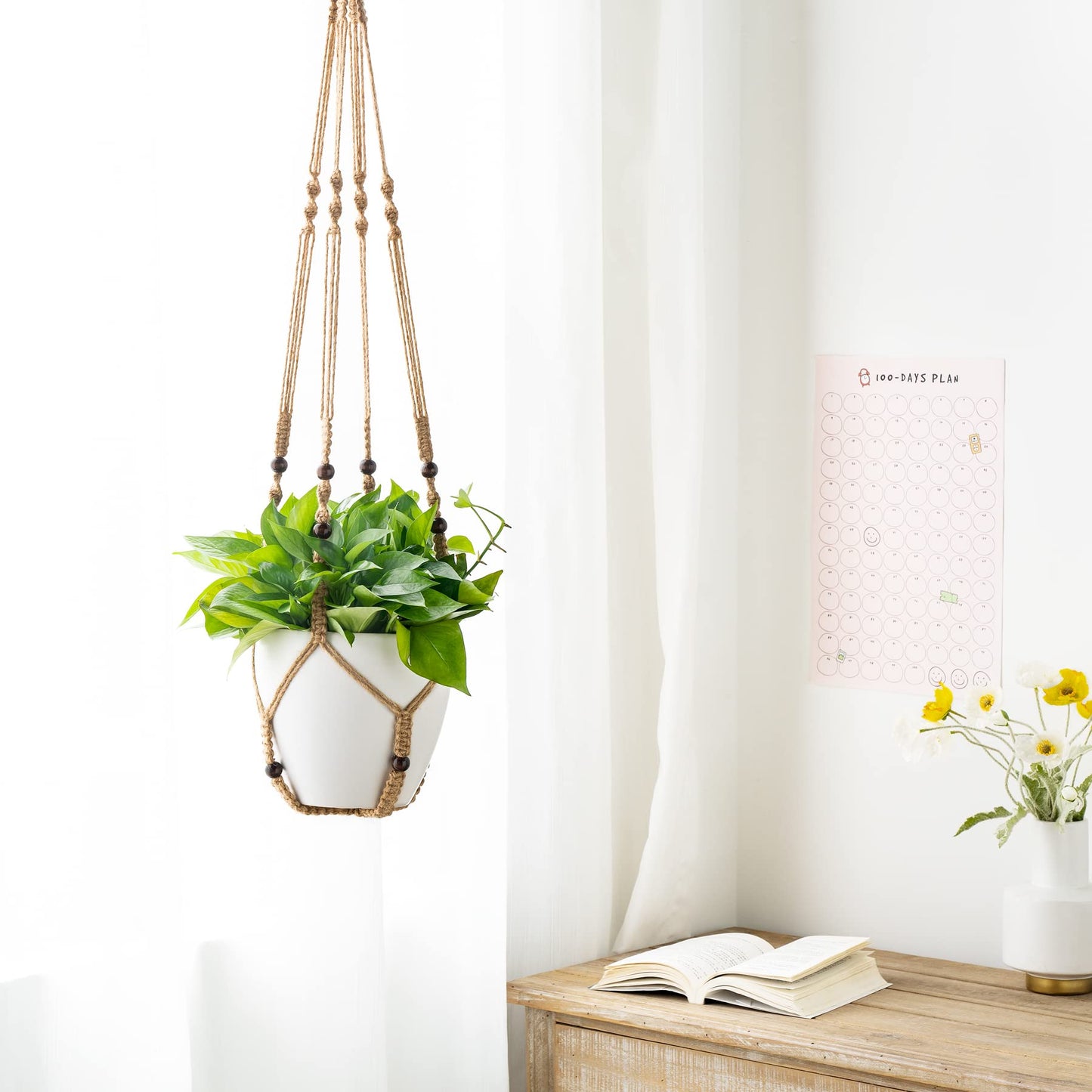 Mkono Set of 2 Macrame Plant Hanger 35 Inch and 43 Inch Indoor Jute Hanging Planter Basket with Wood Beads Decorative Flower Pot Holder No Tassels, Brown (POTS NOT Included)