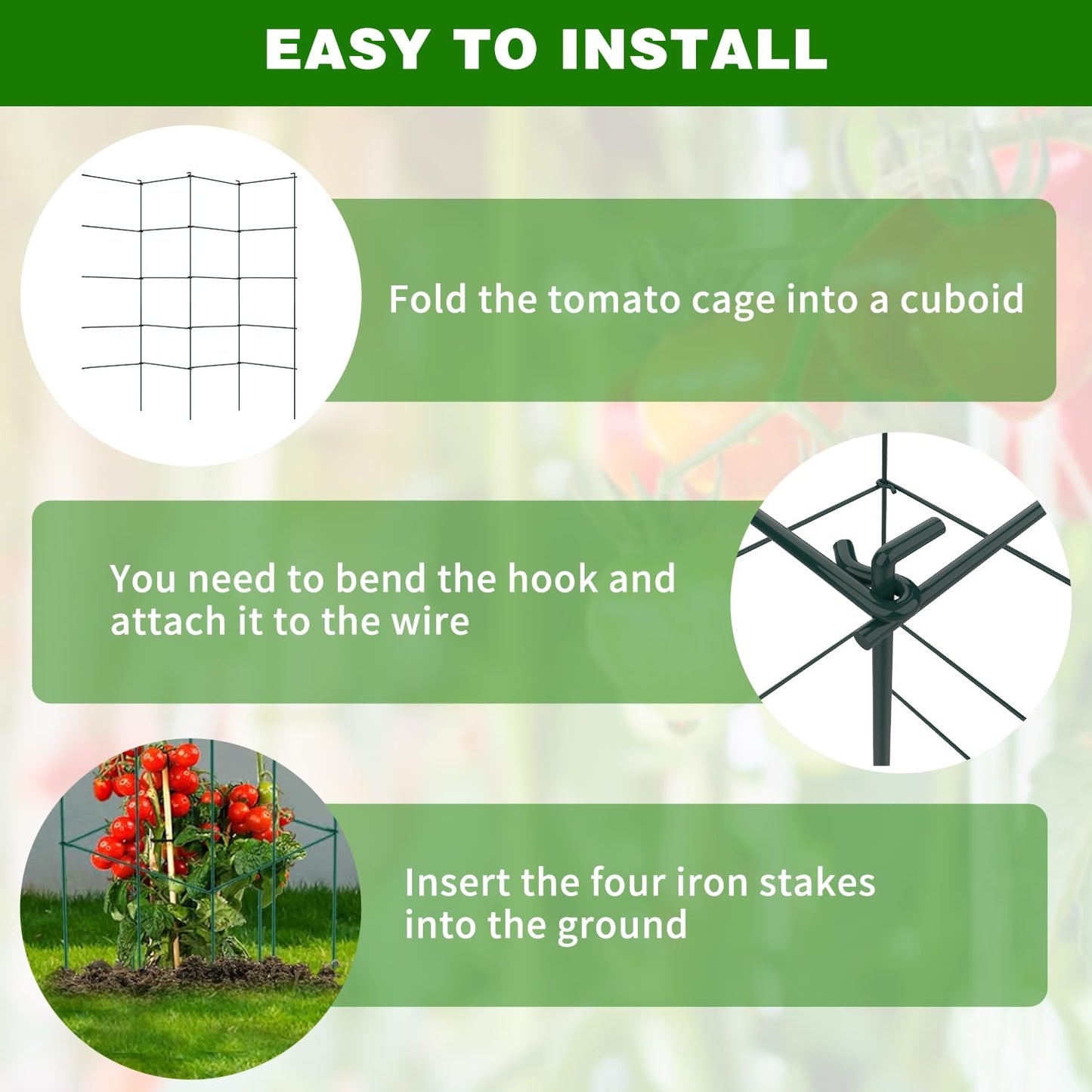 LAKNUAL 6 Packs Tomato Cages for Garden, 12"×12"×48" Plant Support Cage with Different Spacing, Green Metal Trellis for Climbing Plants Like Cucumber, Flowers