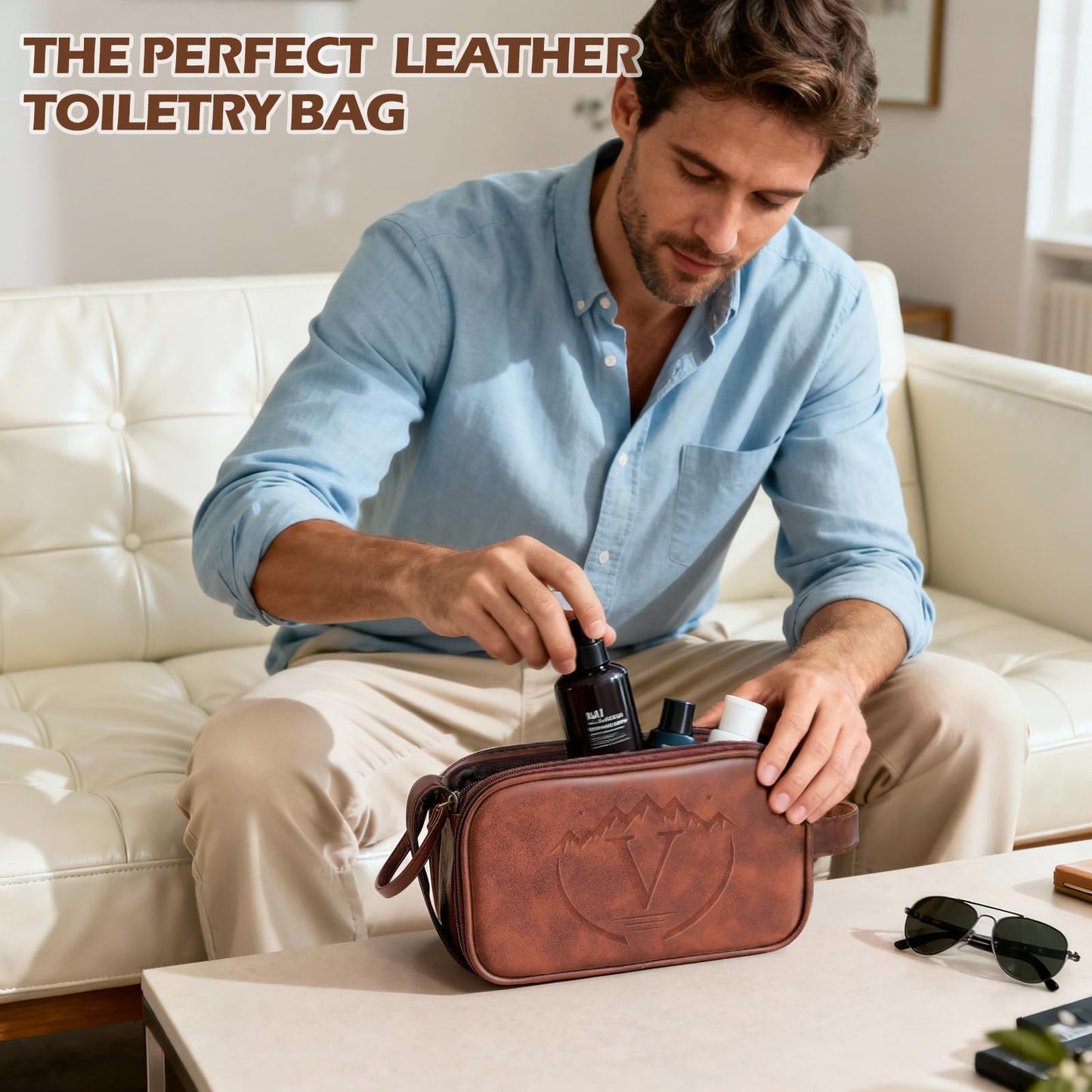 Ecttunafe Engraved Father Day Gifts Toiletry Bag for Men Dad Husband, Custom Initial PU Leather Waterproof Toiletry Organizer Dop Kit Shaving Bag Travel Essentials, Large, Durable, Brown,V