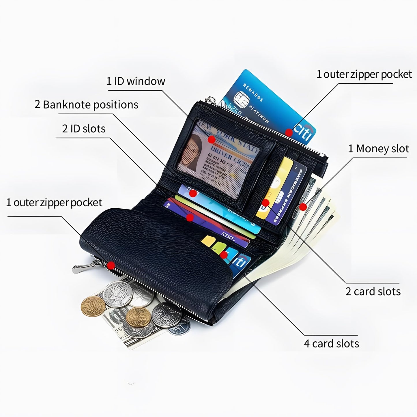 Unisex Pebble Leather Wallet, 5.3In Short Genuine Leather Coin Card Holder, Two zippered pockets, Unisex Clutch Bags, Can Hold Coins, Cards, Id Cards (Fink)