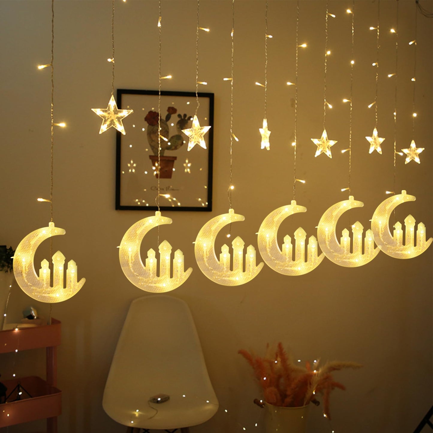 Dazzle Bright Moon Star and Fairy Tale Castle String Lights, 138 LED Muslim Curtain Fairy String Lights, 8 Lighting Modes for Home Holiday Ramadan Christmas Wedding Party Xmas Eid Decorations(USB)