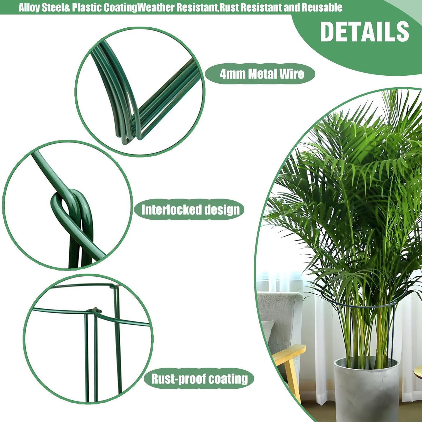 LINGHUI 12 Pack Plant Support Stakes, 10" Wide x 16" High,Heavy-Duty Half Round Peony Support Ring and Cage for Indoor and Outdoor Plants, Peony, Tomato, Hydrangea, Rose(100 Plant Ties)