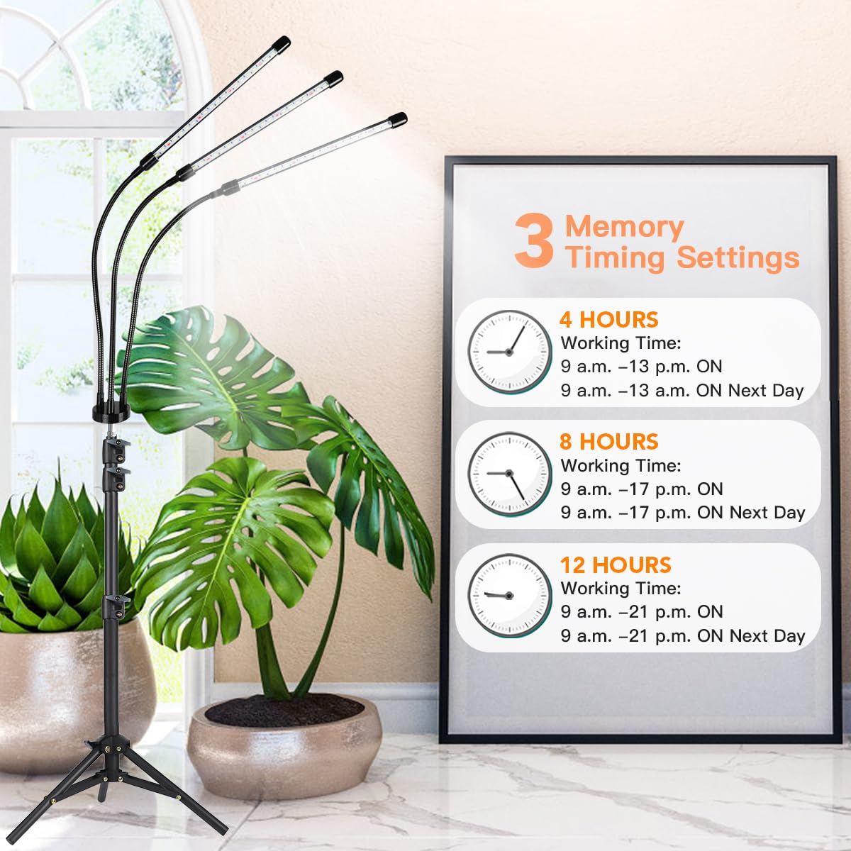 GHodec Grow Light with Stand, 60 LED 5500K Full Spectrum Floor Plant Light for Indoor Plants Growing,5 Dimmable Levels & Auto On/Off Timer,Tripod Stand Plant Lamp Height Adjustable