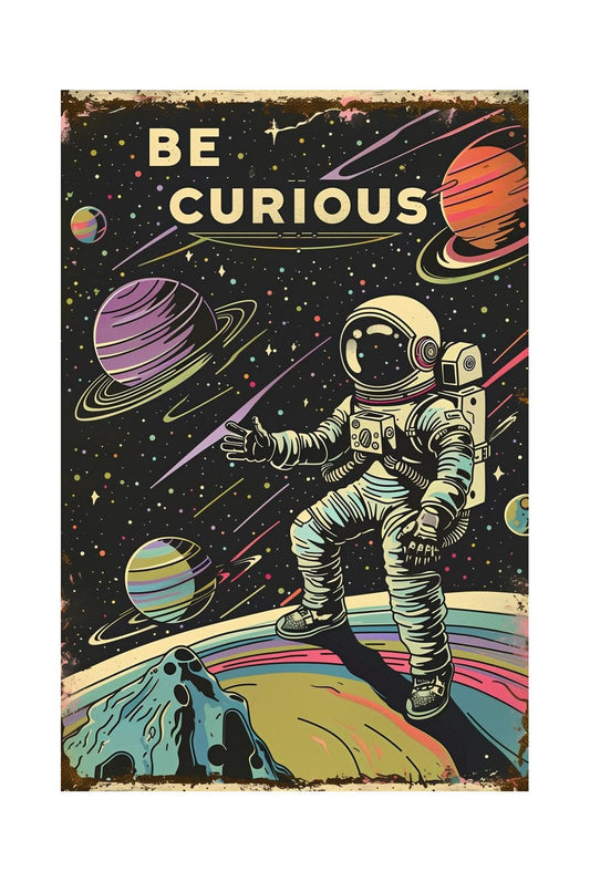 Xanovir Astronauts Tin Signs, Outer Space Metal Arts, Be Curious, Universe Space Poster Planet Positive Wall Decor Plaque for Boys Kids Nursery, Game room 8 X 12 Inches