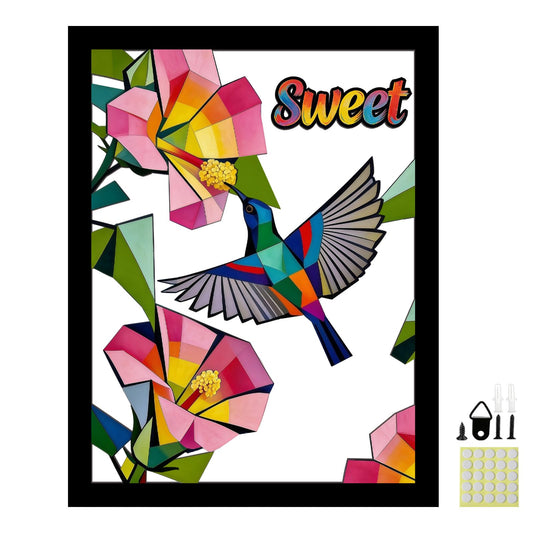 Wooden Hollow Laser Cut Hummingbird Wall Decor, Framed Geometric Stained Glass Style Colorful Floral Painting Poster Artwork for Bedroom Living Room Kitchen Dining Room Decor 11x14.2 inch