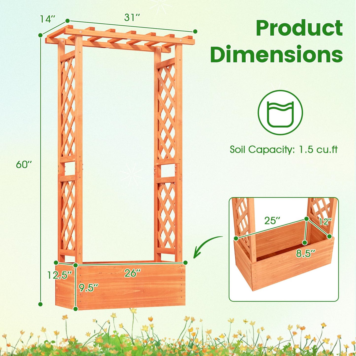 LDAILY Raised Garden Bed with Trellis, Above Ground Garden Bed with Hanging Roof, Side Trellis, & Drainage Holes, Planter Box for Outdoor Climbing Plants Vines Flowers (2, 31" L x 14" W x 60" H)
