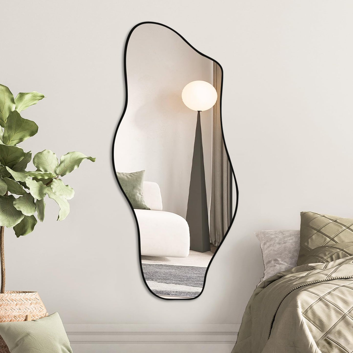 Jesmaikor Large Irregular Wall Mirror, 47.2"x21", Black Asymmetrical Modern Oblong Wavy Cloud Mirror for Living Room, Bathroom, Entryway, Dining Room