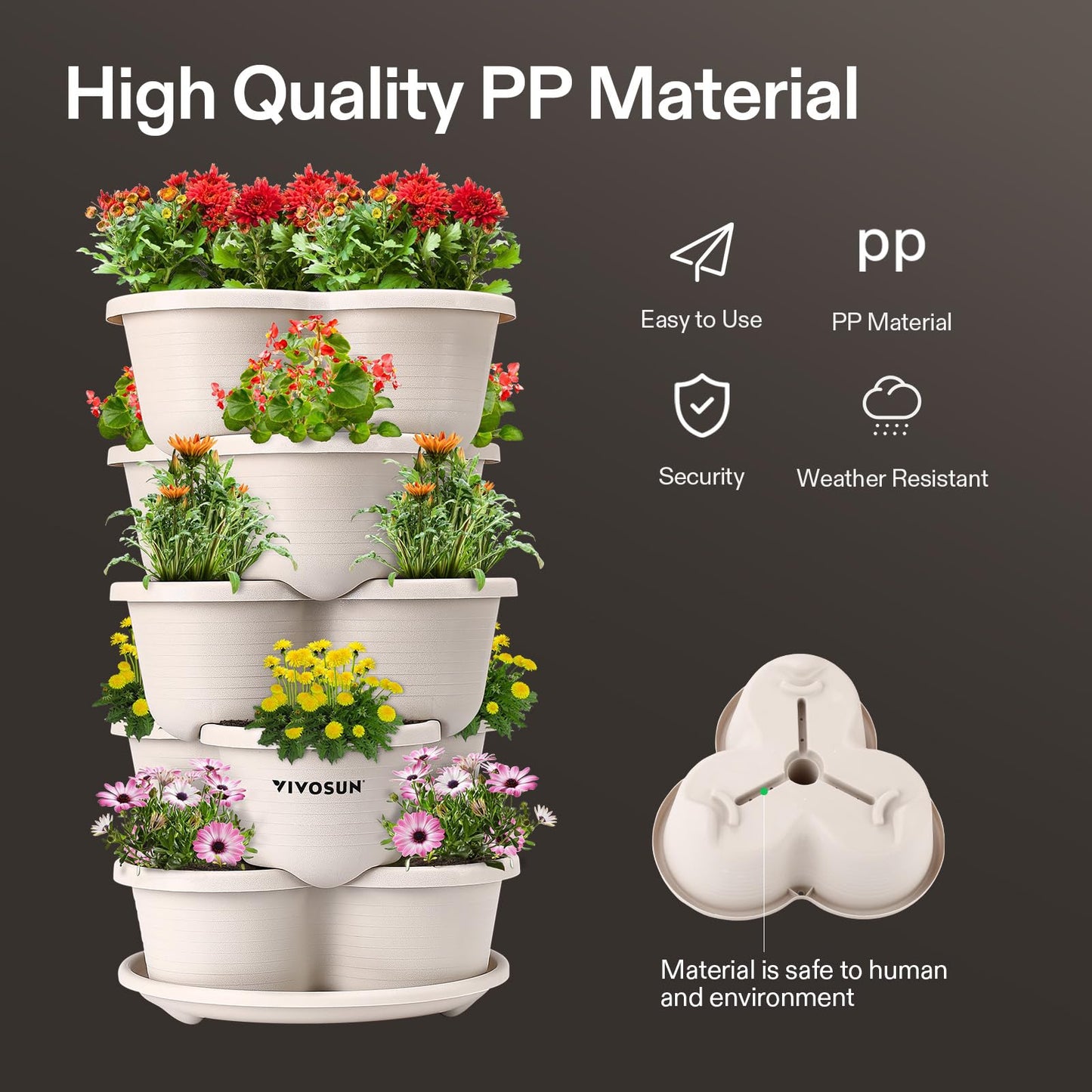 VIVOSUN 5 Tier Vertical Gardening Stackable Planter for Strawberries, Flowers, Herbs, Vegetables, Ivory