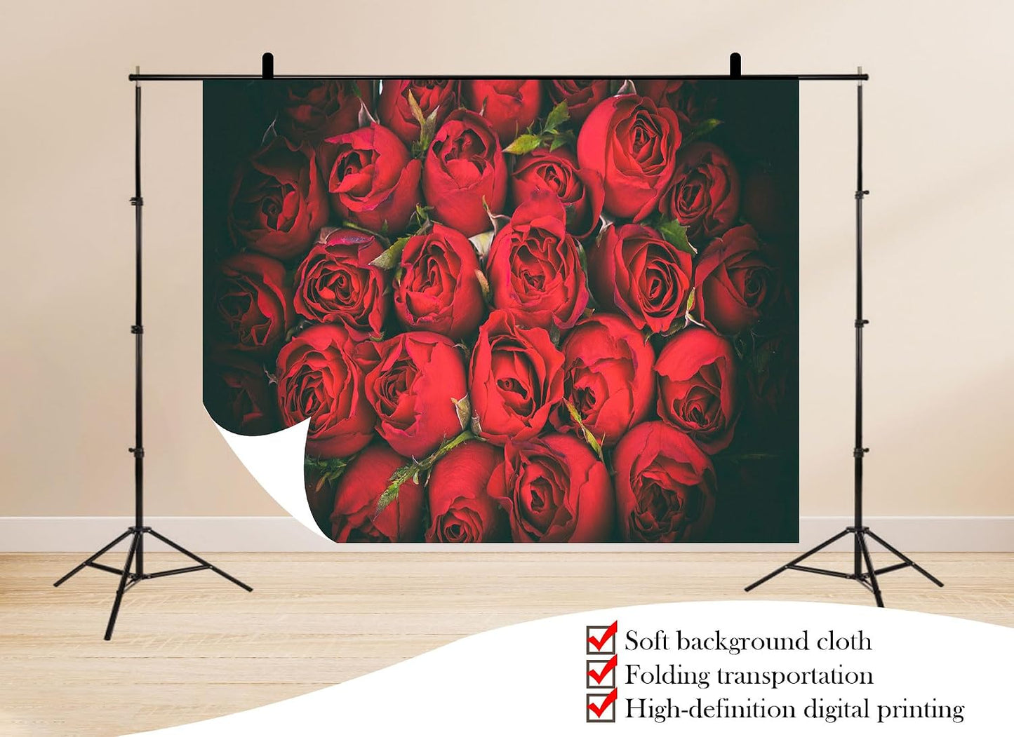 UPXIO 10x10ft Dense Red Roses Bouquet Backdrop Romantic Floral Deep Red Petals Photo Background Tapestry for Wedding