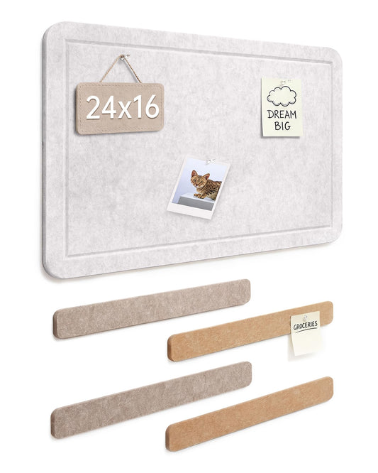 Cork Board Alternative, 24"X16" Felt Bulletin Board with 4-Pack 16"X2" Felt Strip, 30 Push Pins Set - Pin Board for Home Office Classroom Wall, Removable Adhesive Install-Oatmeal