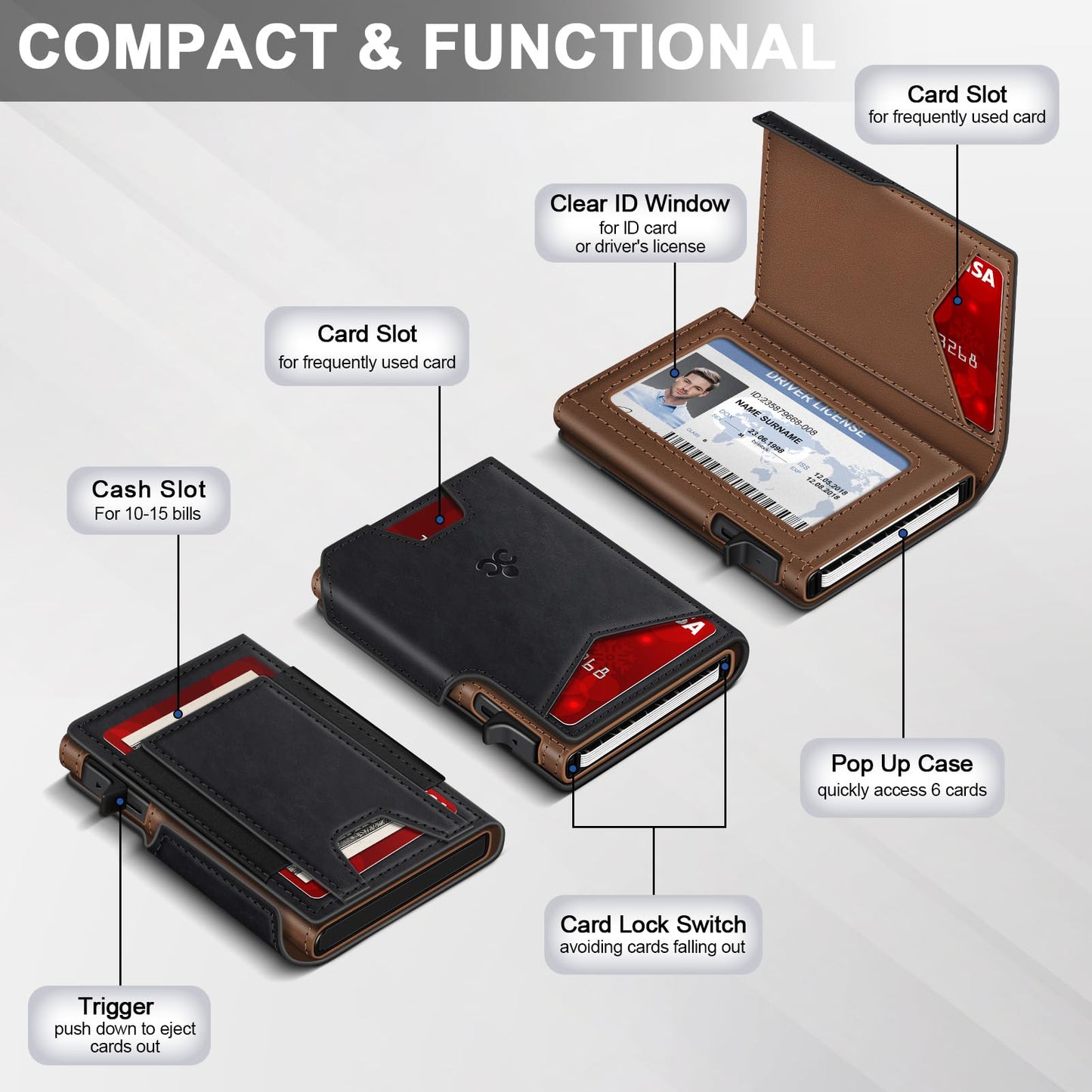 Wallet for Men Wallet with Slim Pop Up Card Holder 9-13 Cards, Bifold Minimalist Smart Wallet RFID Blocking Credit Card Holder with ID Window & Stretchable Cash Slot Compact Metal Aluminum Card Case