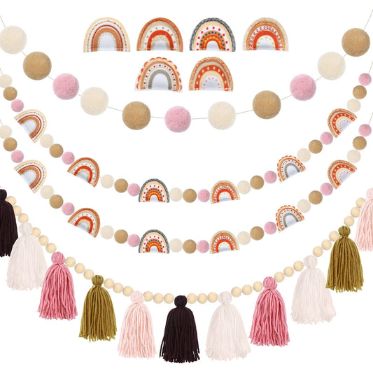 Tatuo 4 Pcs Boho Tassel Garland Rainbow Pom Pom Garland Wall Hanging Decor Pastel Tassel Boho Classroom Decor Felt Colorful Balls Garlands for Back to School Supplies Girl Bedroom Nursery Birthday