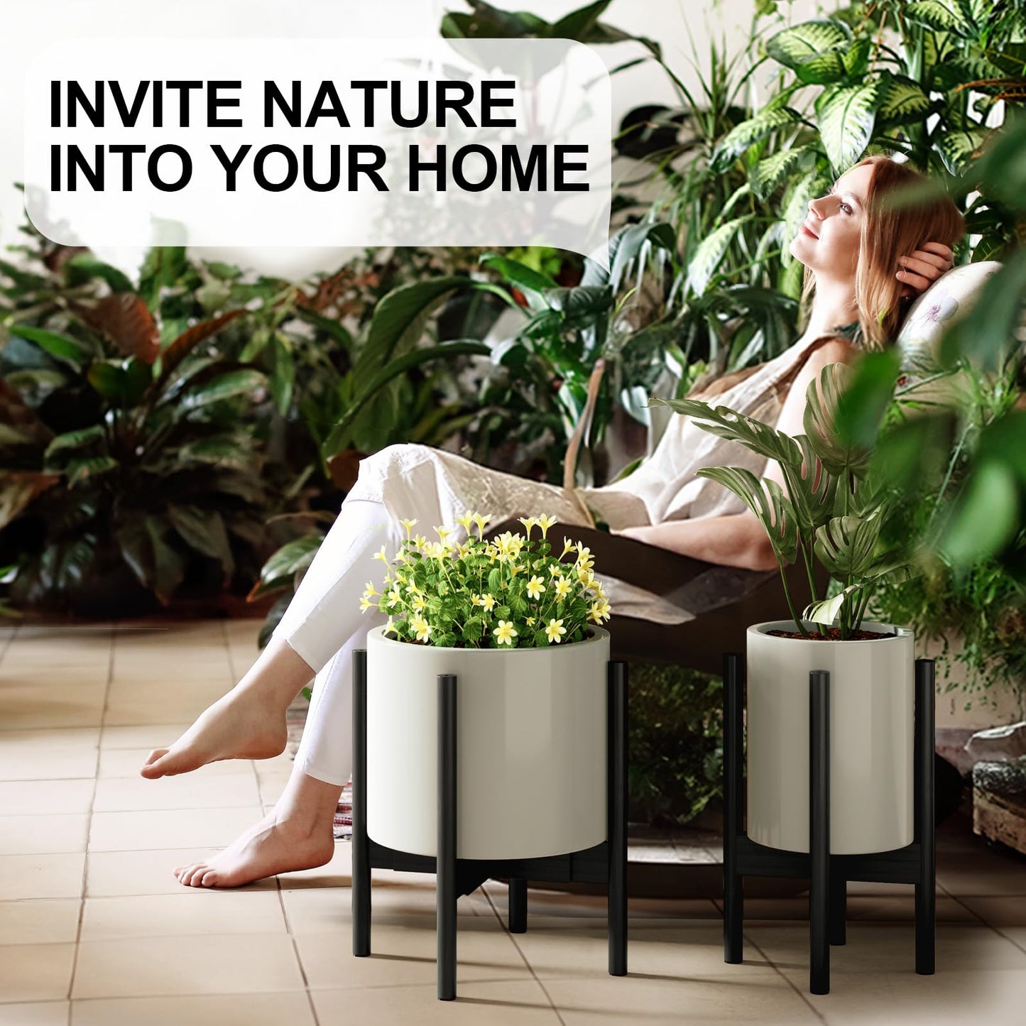 MUDEELA 14 Inch Tall Plant Stand for Indoor, Adjustable Width Bamboo Plant Stand for 8 9 10 11 12 Inches Pot, Single Tier Planter Holder Floor Stand, Mid Century Modern Style, Black, Without Pot