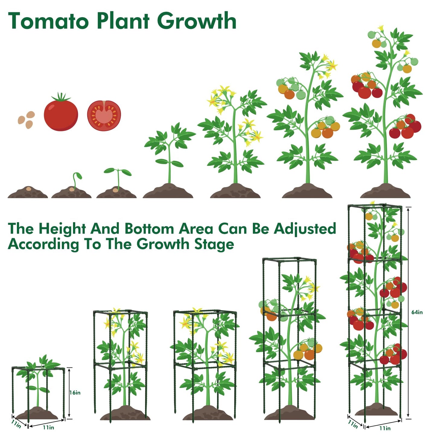 ROADPLUM 3 Pack 48" Tomato Cages for Garden, Plastic Coated Steel Pipe Heavy Duty Adjustable Tomato Stakes Trellis Plant Cages for Vegetable, Fruit, Flower, Rose Vine Climbing Plants