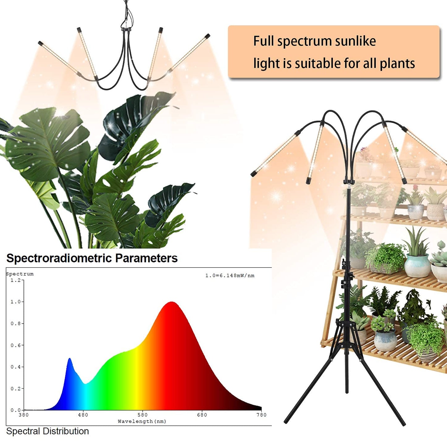 WTINTELL LED Plant Grow Light with Stand, LED Grow Light Full Spectrum for Indoor Plants,10 Dimmable Levels,3 Modes Timing,Tripod Adjustable 15-72 inch.