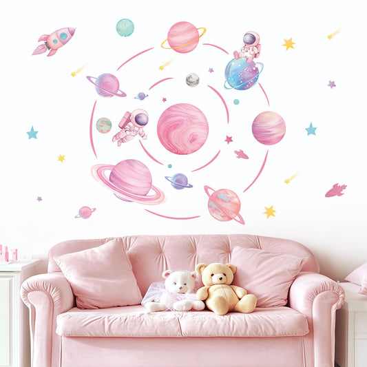 fufuquare Pastel Pink Planet Orbits Wall Decals, Fantasy Outer Space Themed Wall Stickers with Rocket Astronaut and Stars for Kid's Bedroom, Nursery, Playoom, Peel and Stick Reusable
