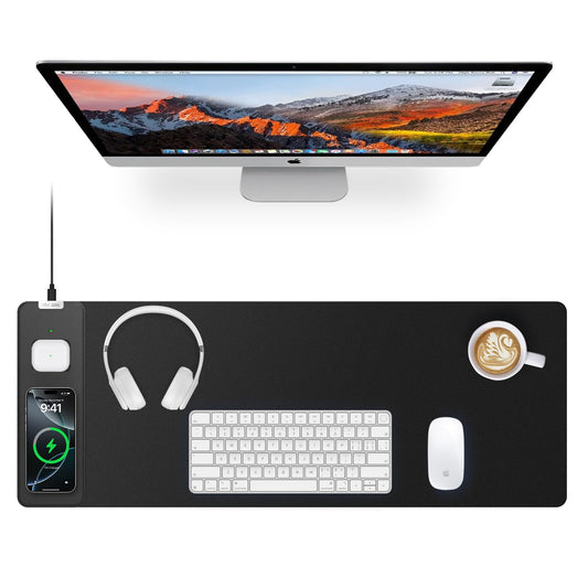 Magnetic Wireless Charging Mouse Pad, 27.5"x11.8" Gaming Desk Mat with Superior Stitched Edges, Non-Slip Base, Waterproof Smooth Desk Writing Pad for Gamer, Office & Home, Black