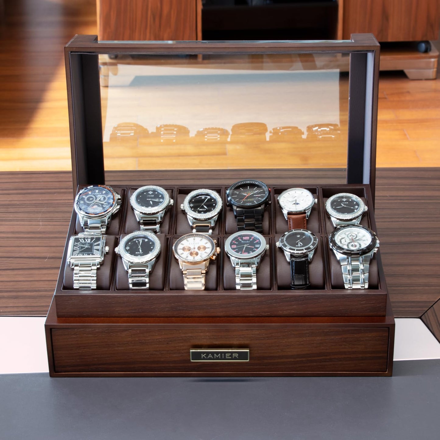 High End Watch Box for Men, 12 Slot Wooden Watch Case With Drawer, Watch Display Box with Glass Lid, 2-Layer Watch Holder for Jewelry and Watch Storage for Men Women , Ideal for Gift (With Gift Box)