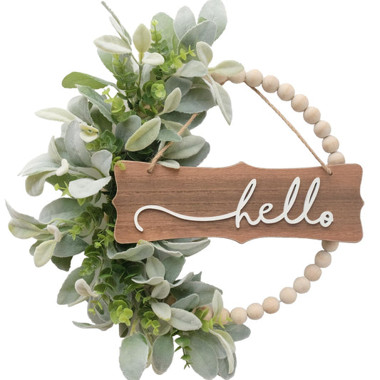 Green Wreath for Front Door, Wood Bead Wreaths with Artificial Lambs Ears Leaves, Hello and Welcome Door Sign Wreath for Home Decor, Spring Summer Green Leaf for Wedding Decor