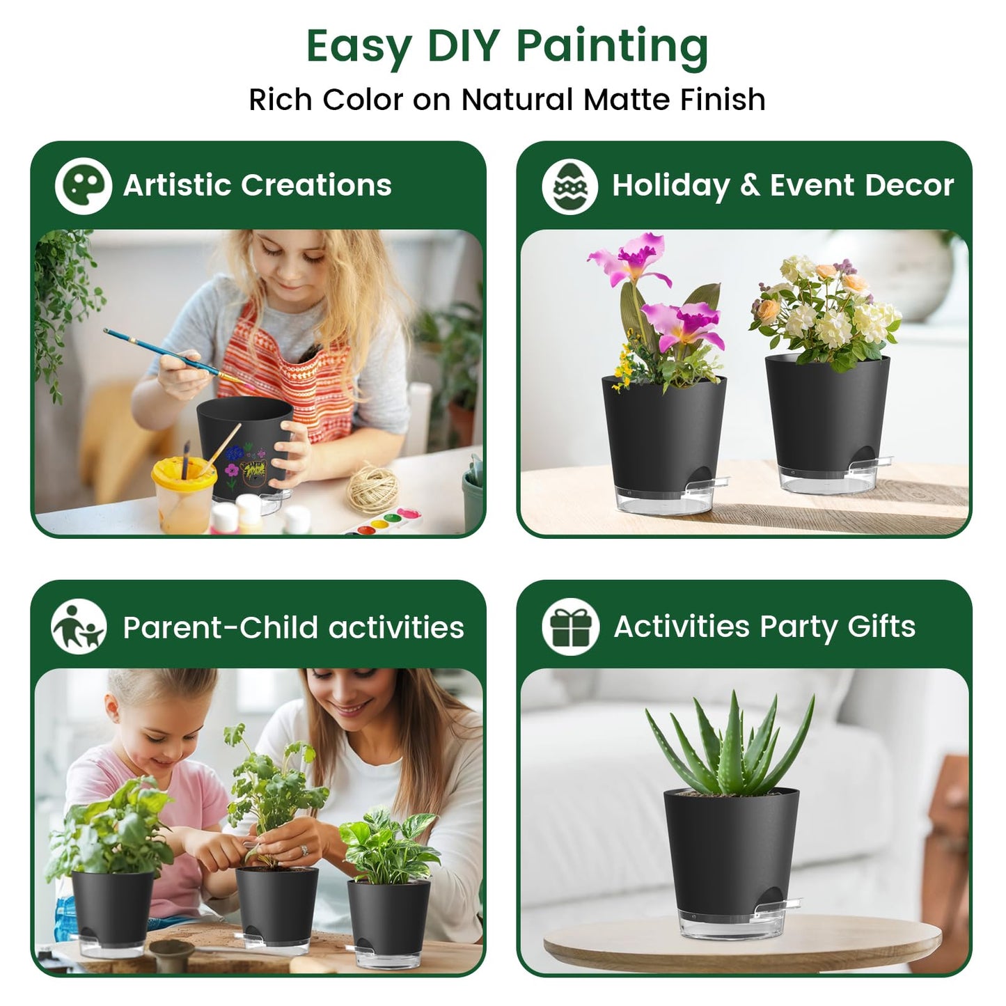 Meowell Self Watering Pots Set of 7 – Assorted Size 4" to 8" Indoor Plant Pots with Drainage Holes and Clear Reservoir for Visible Water Level, Plastic Wicking Planter for House Plants & Flower, Black