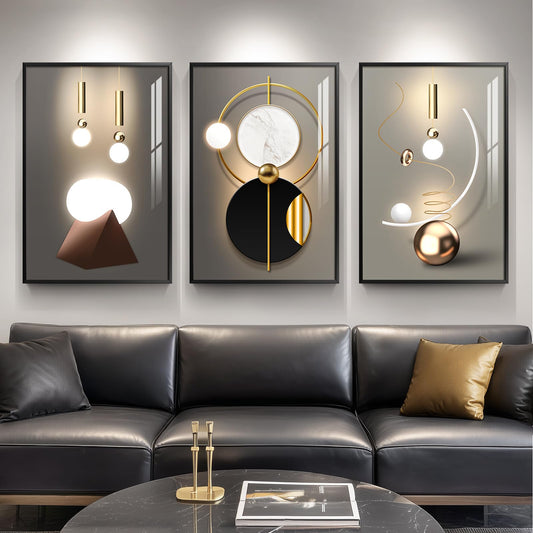 Framed Large Modern Abstract Wall Art for Living Room, Set of 3 Piece Black and White Gold Luxury Artworks, Geometric Painting Print for Dining Room Entryway Hallway Home Office Wall Decor, 24x36 In